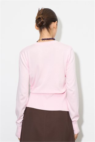 Bel Oturtmalı Triko Hırka Açık Pembe