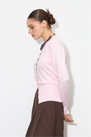 Bel Oturtmalı Triko Hırka Açık Pembe