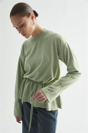 BELİ AYARLANABİLİR İP DETAYLI TRİKO BLUZ FISTIK YEŞİLİ
