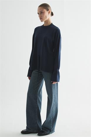 BELİ AYARLANABİLİR İP DETAYLI TRİKO BLUZ LACİVERT