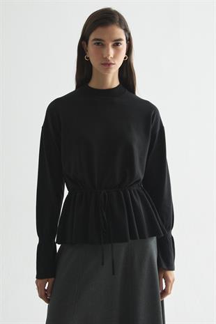 BELİ AYARLANABİLİR İP DETAYLI TRİKO BLUZ SİYAH