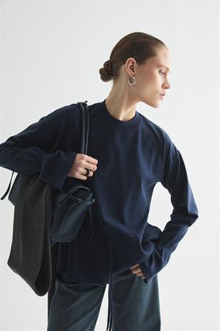 BELİ AYARLANABİLİR İP DETAYLI TRİKO BLUZ LACİVERT