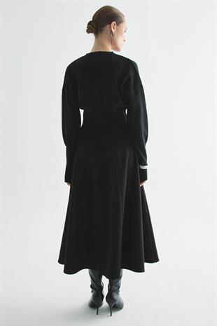 BELİ FİTİL DETAYLI ÇIT-ÇITLI TRİKO HIRKA SİYAH