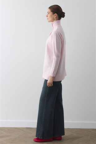 BRİT DÜĞMELİ DİK YAKA HIRKA PEMBE
