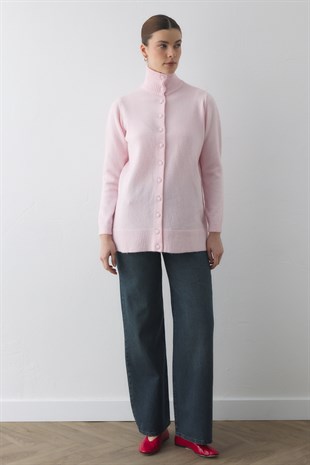 BRİT DÜĞMELİ DİK YAKA HIRKA PEMBE