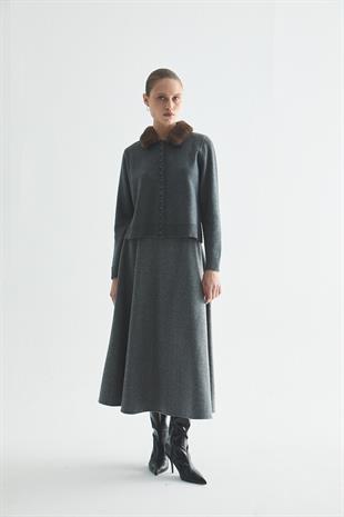 ÇIKARILABİLİR KÜRK DETAYLI TRİKO HIRKA GRİ