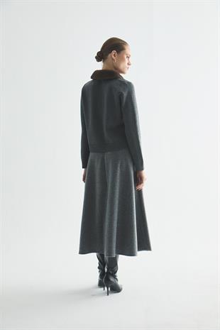 ÇIKARILABİLİR KÜRK DETAYLI TRİKO HIRKA GRİ