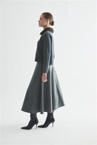 ÇIKARILABİLİR KÜRK DETAYLI TRİKO HIRKA GRİ