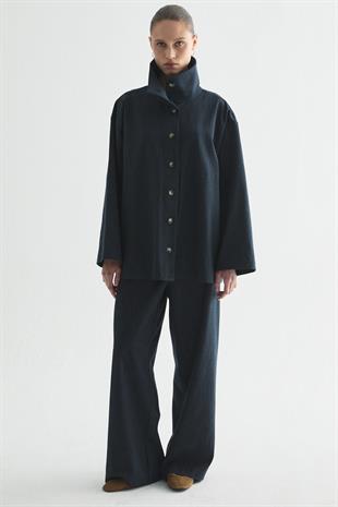 DENIM EFEKT GABARDİN İKİLİ CEKET-PANTOLON SET LACİVERT