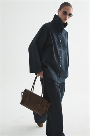 DENIM EFEKT GABARDİN İKİLİ CEKET-PANTOLON SET LACİVERT