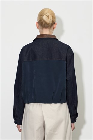 Deri Yakalı Garnili Denim Bomber Ceket Denim