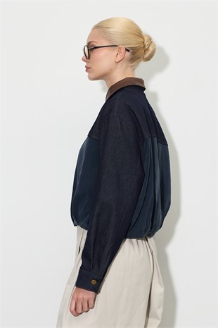 Deri Yakalı Garnili Denim Bomber Ceket Denim