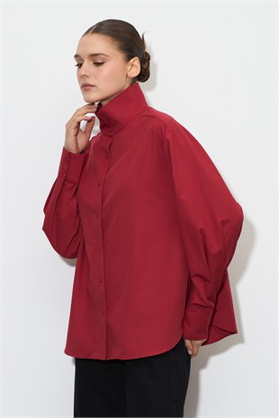 Dik Yaka Çıt-Çıtlı Oversize Gömlek Kırmızı