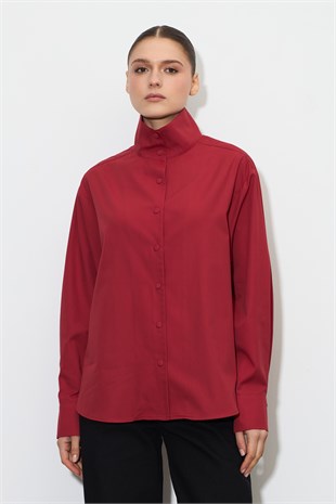 Dik Yaka Çıt-Çıtlı Oversize Gömlek Kırmızı