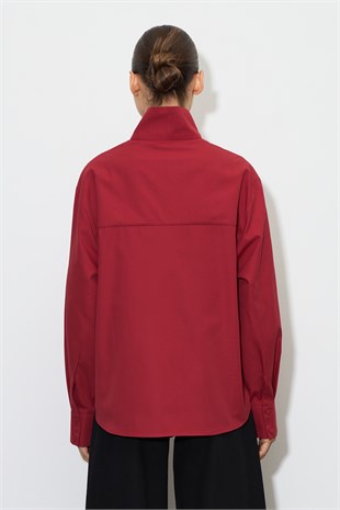 Dik Yaka Çıt-Çıtlı Oversize Gömlek Kırmızı