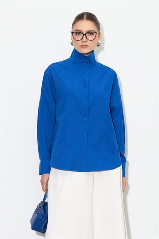 Dik Yaka Çıt-Çıtlı Oversize Gömlek Saks