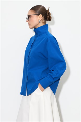 Dik Yaka Çıt-Çıtlı Oversize Gömlek Saks