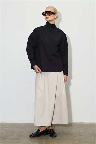 Dik Yaka Çıt-Çıtlı Oversize Gömlek Siyah