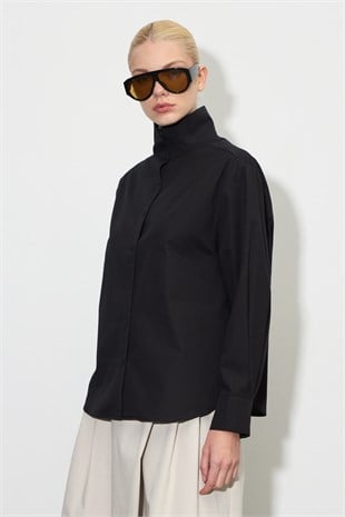 Dik Yaka Çıt-Çıtlı Oversize Gömlek Siyah