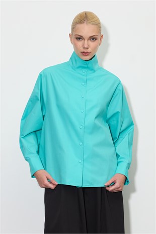 Dik Yaka Çıt-Çıtlı Oversize Gömlek Turkuaz