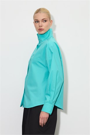 Dik Yaka Çıt-Çıtlı Oversize Gömlek Turkuaz