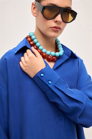 DÖKÜMLÜ OVERSIZE TAŞLANMIŞ MODAL GÖMLEK SAKS