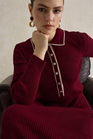 DÜĞMELİ TRİKO ELBİSE BORDO