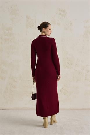 DÜĞMELİ TRİKO ELBİSE BORDO