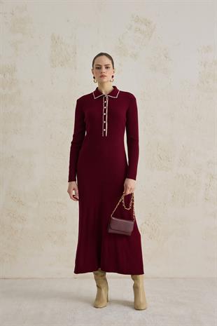 DÜĞMELİ TRİKO ELBİSE BORDO