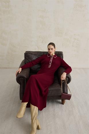 DÜĞMELİ TRİKO ELBİSE BORDO