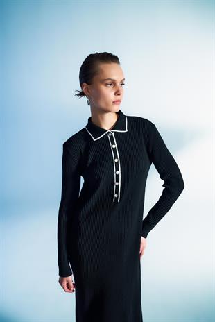 DÜĞMELİ TRİKO ELBİSE SİYAH