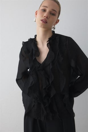 FIRFIR DETAYLI TRANSPARAN BLUZ SİYAH