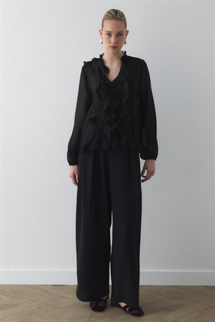 FIRFIR DETAYLI TRANSPARAN BLUZ SİYAH