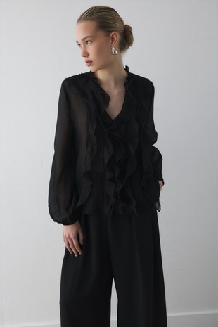 FIRFIR DETAYLI TRANSPARAN BLUZ SİYAH