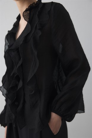 FIRFIR DETAYLI TRANSPARAN BLUZ SİYAH