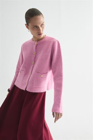 GOLD DÜĞMELİ YÜN DOKULU HIRKA PEMBE