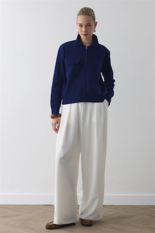 KAPAKLI CEP DETAYLI TRİKO CEKET SAKS