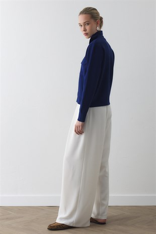 KAPAKLI CEP DETAYLI TRİKO CEKET SAKS