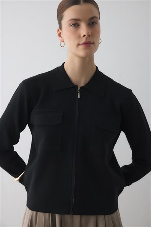 KAPAKLI CEP DETAYLI TRİKO CEKET SİYAH
