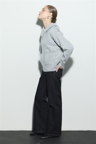 KAPÜŞONLU CROP TRİKO HIRKA AÇIK GRİ