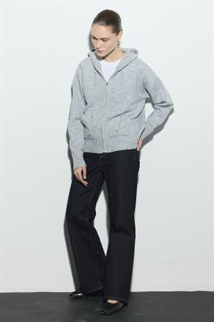 KAPÜŞONLU CROP TRİKO HIRKA AÇIK GRİ