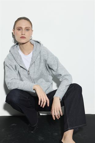 KAPÜŞONLU CROP TRİKO HIRKA AÇIK GRİ