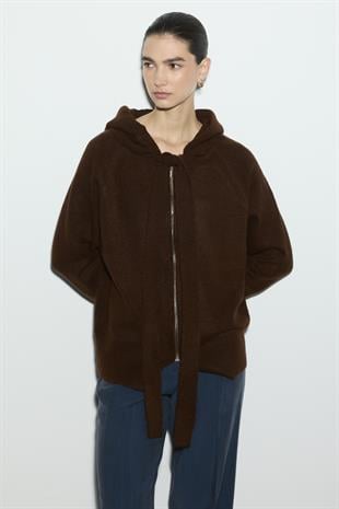 KAPÜŞONLU SWEAT TRİKO HIRKA KAHVERENGİ