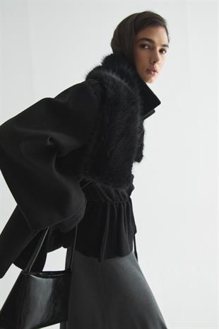 KAŞMİR DOKULU KEMİK DÜĞMELİ KISA KABAN SİYAH