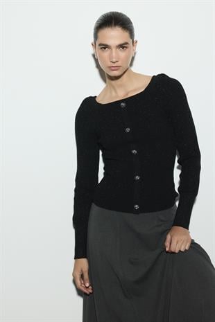 KAYIK YAKA SİMLİ TRİKO ÜST SİYAH