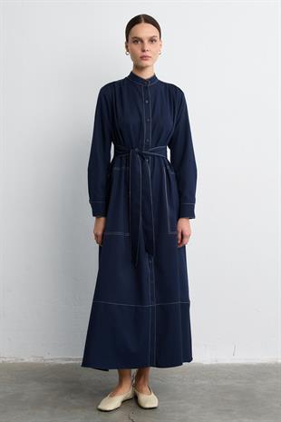 KONTRAST DİKİŞLİ ELBİSE LACİVERT