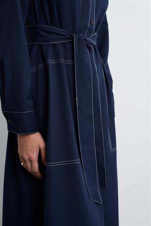 KONTRAST DİKİŞLİ ELBİSE LACİVERT