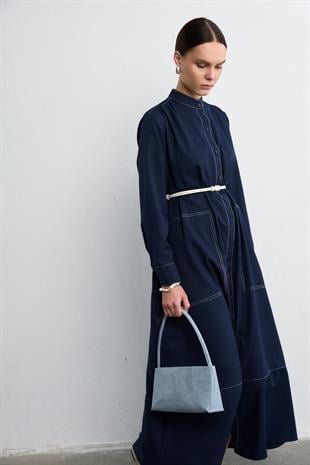 KONTRAST DİKİŞLİ ELBİSE LACİVERT