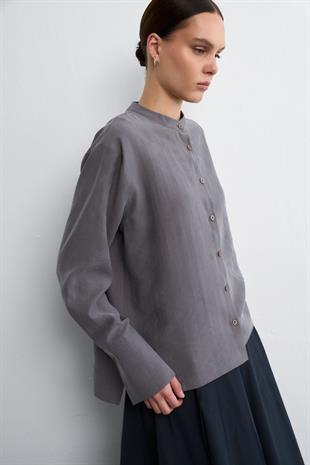 MANDARİN YAKA CUPRO GÖMLEK FÜME