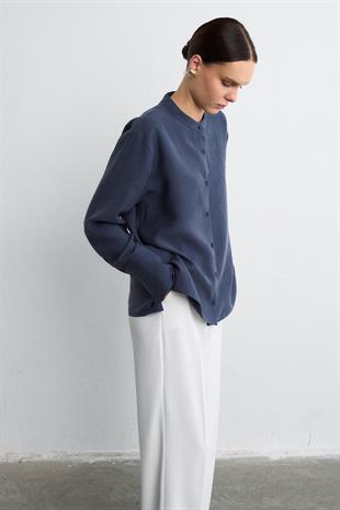 MANDARİN YAKA CUPRO GÖMLEK LACİVERT